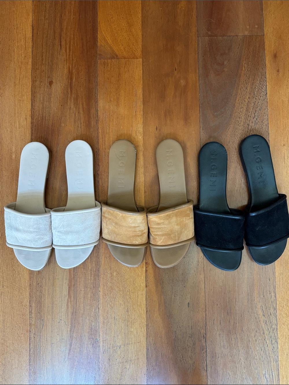 M. Gemi Suede Slide Sandals — Creamy Beige, Tan, Black - Size 11